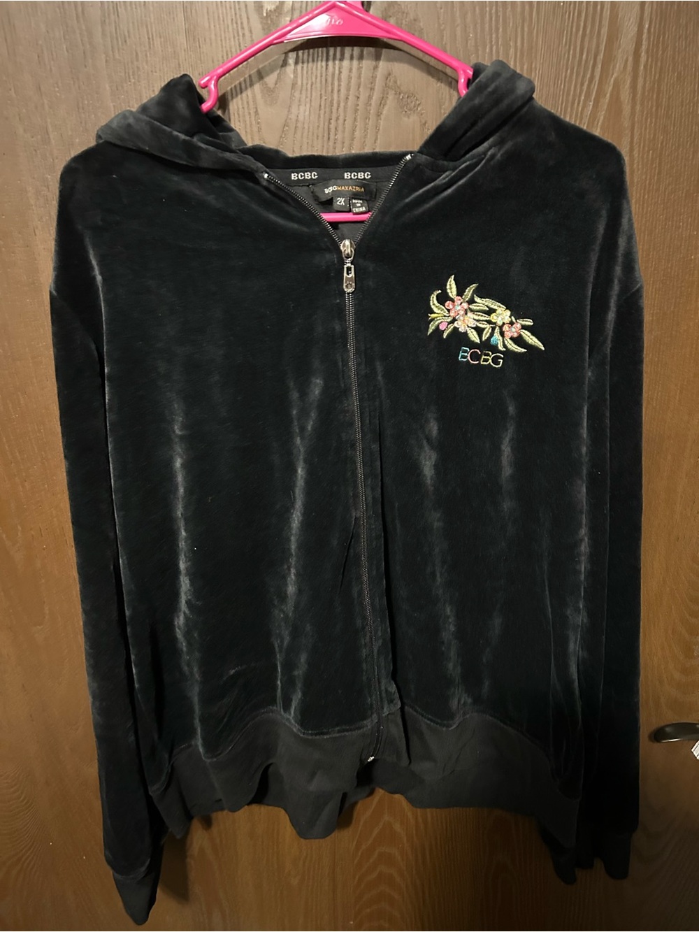 BCBG Velvet Zip-Up Hoodie with Embroidered Floral bird Detail